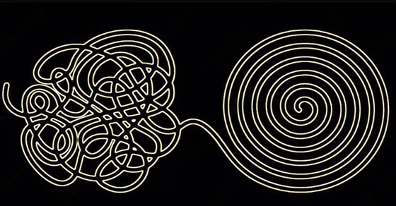 Drawing: a tangle of lines turns into an ordered spiral